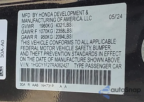 2024 Honda Accord Lx z USA, uszkodzony, nr VIN 1HGCY1F27RA062427